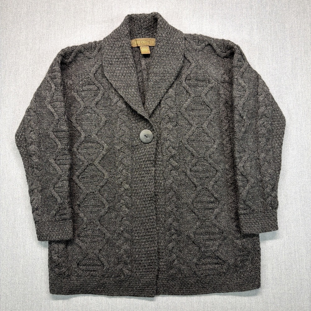 Inis Crafts Womens Merino Wool Cable Knit Gray Made‎ In Ireland Cardigan Large